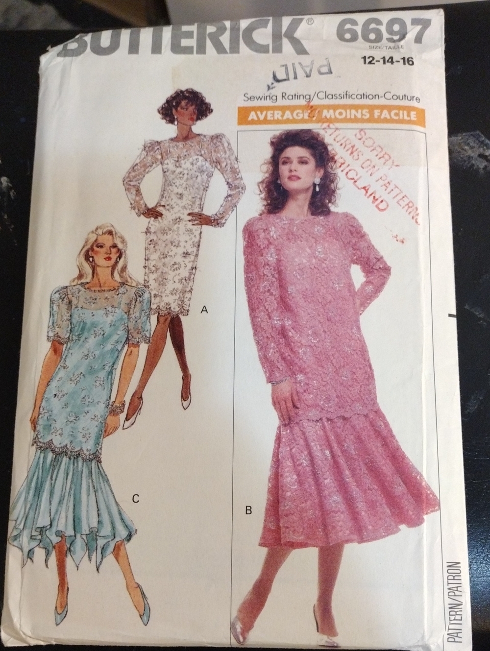 Butterick Lace Midi Dress Pattern 80's 6697 Sizes 12,14,16 Uncut